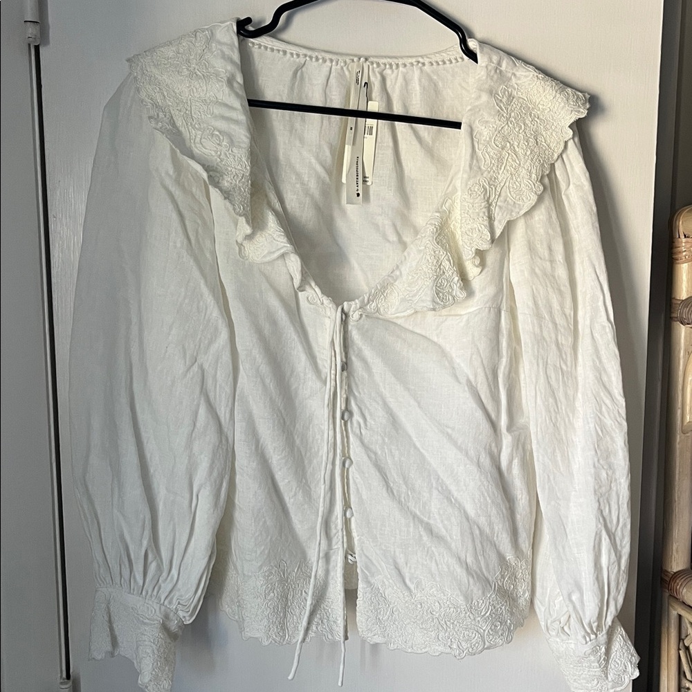 NWT Anthropologie White Lace-Trimmed Blouse